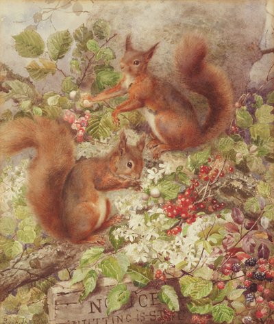Red Squirrels Gathering Fruits and Nuts by Rosa Jameson